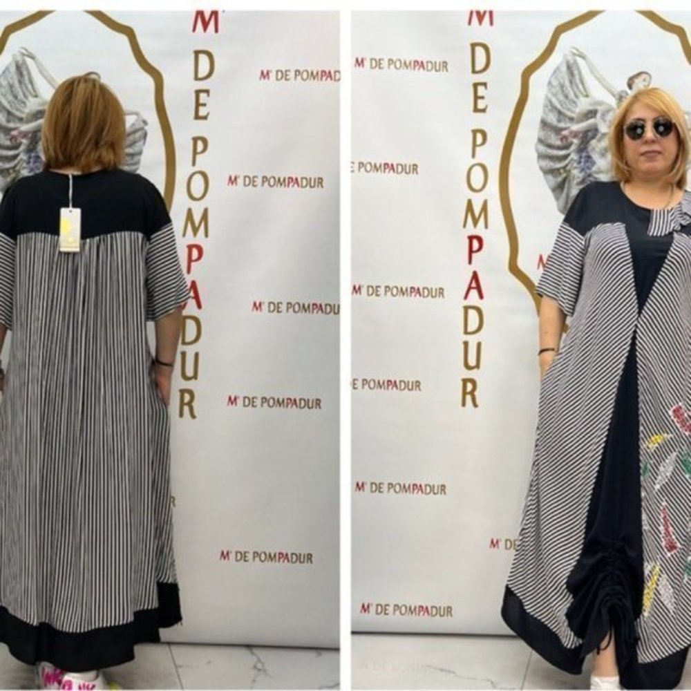New Designer white and Black Maxi Dress large sizes Dolares sleeve stripe Turkey